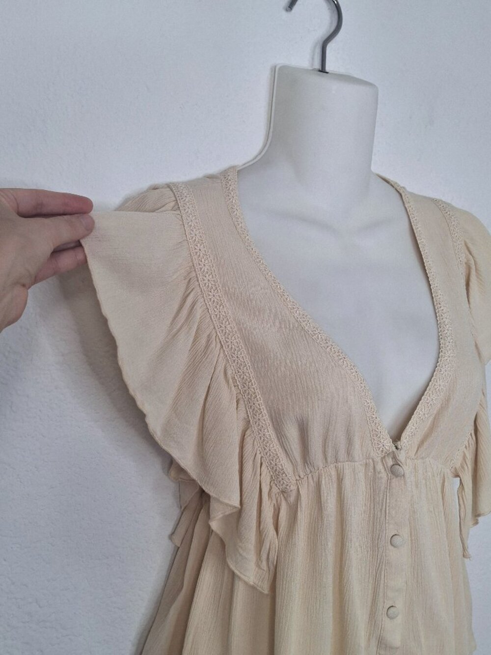 Peasant Babydoll Top Sz S Ruffle Boho Cottagecore Coquette Neutral Festival - Picture 5 of 13